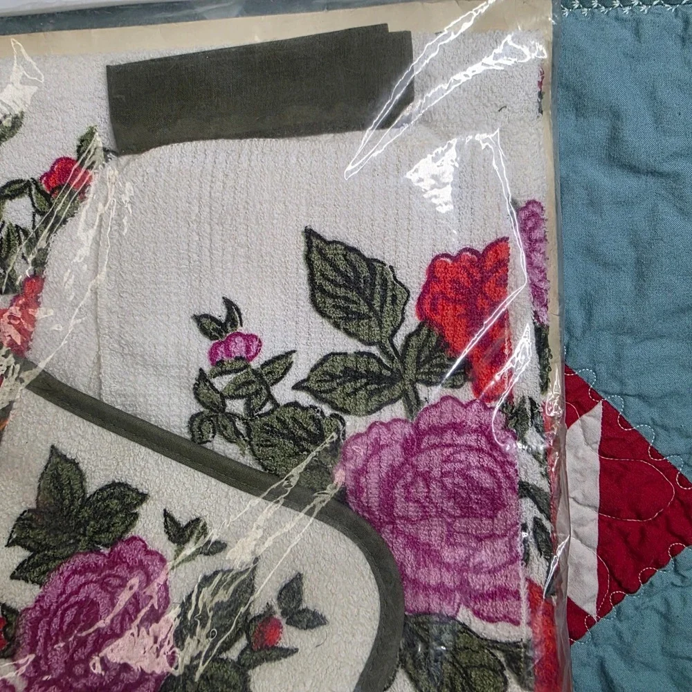 Excello Hostess Gift Set Terrycloth Floral Apron Towel Dish Cloth Pot Holder NOS